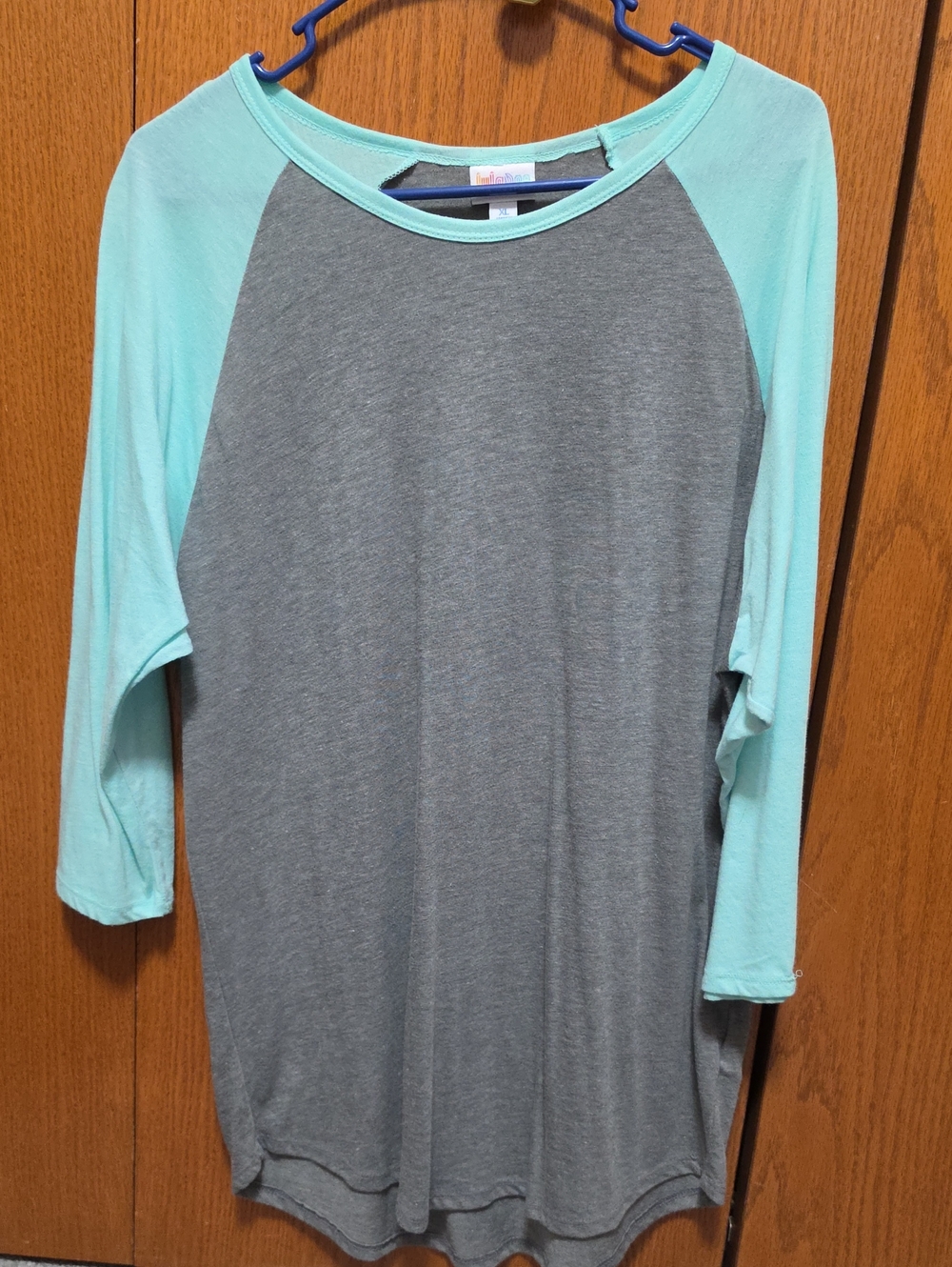 LuLaRoe Grey and Mint Raglan Sleeve Top